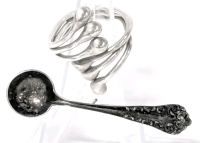 Tiny Vintage Sterling Silver Spoon Brooch (2.1" Long) & Stamped Wraparound Ring (Adjustable Size)