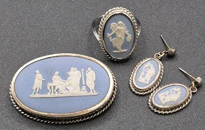 Vintage Wedgwood Jewelry - Brooch & Ring and Sterling Earrings - Made in England