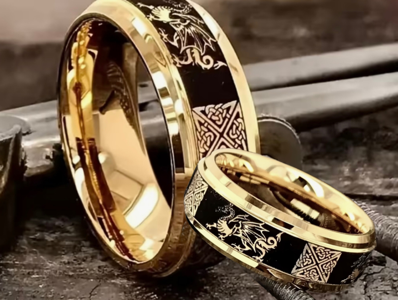 Two Stylish Dragon Stainless Steel Rings Featuring Black Accents And An Industrial Design Sizes 10 and 13