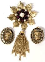 Vintage Faux Pearl & Faceted Red Rhinestone Prong-Set Tassel Brooch (3.75" Long) & Pair of Gorgeous Glass-Front Cameo Clip-On Earrings (1.25" Long ea)