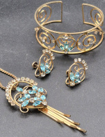 Vintage Art Deco Harper 12kGF (Gold Filled) Necklace Earring Bracelet Parure Set Blue Rhinestones