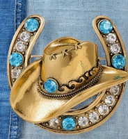 Vintage Western Hat Brooch with Shiny Rhinestones Inlaid Western Theme approximately 1.75 inch