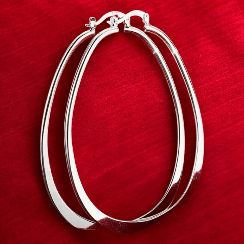 Fashionable 925 Sterling Silver Large Elongated Oval Earrings Approximately 2.70 x 1.75 Inch