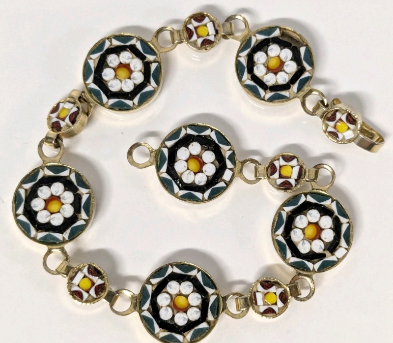 Dainty Vintage Italian Micro Mosaic Bracelet - 7.5" Long, Missing 1 Piece of Mosaic Missing