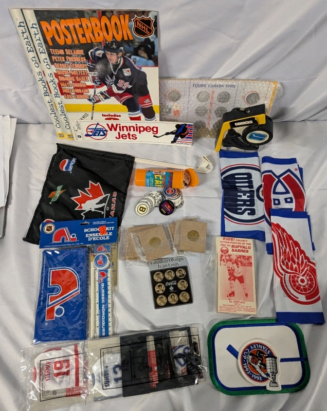 30+ Pieces of Sports Memorabilia. Coins, Pogs, Flags and More!