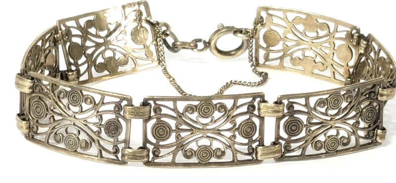 Stunning Vintage Stamped Filigree Panel Bracelet with Safety Chain - 0.6" &times; 7" Long