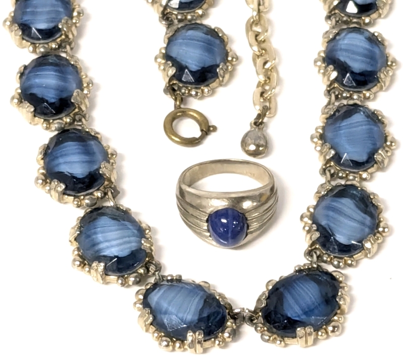 Gorgeous England Blue Givre Art Glass Necklace 20" Long & Size 7 Ring With Opaque Blue Stone Cabochon