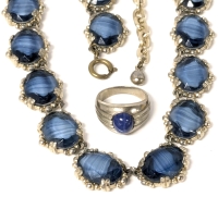 Gorgeous England Blue Givre Art Glass Necklace 20" Long & Size 7 Ring With Opaque Blue Stone Cabochon