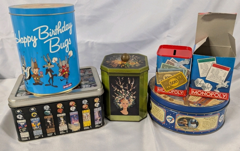 5 Vintage Tins. Various Themes. Bugs Bunny Measures 6.5" Tall. Monopoly Comes with Box