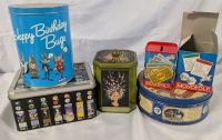 5 Vintage Tins. Various Themes. Bugs Bunny Measures 6.5" Tall. Monopoly Comes with Box