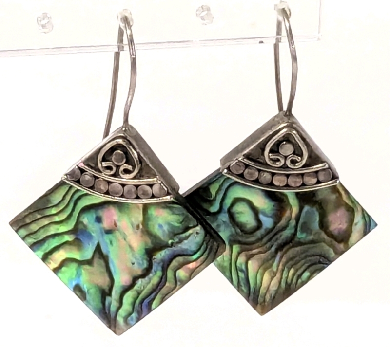 Vintage Signed FNA 925 Sterling Silver Abalone Shell Earrings - 1.5" Long