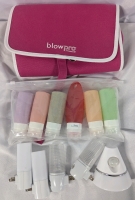Blowpro Titanium Bag, Travel Bottles and Nightlights. Red Bottle Measures 5" Tall.