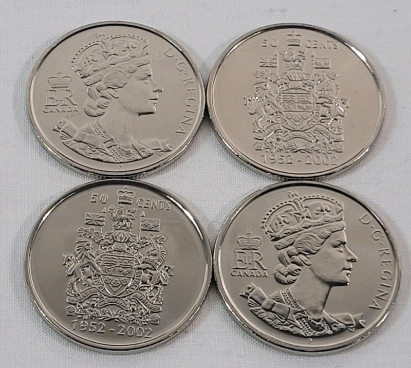 2002 (1952-) Canadian Queen Elizabeth II Golden Jubilee 50 Cent Half Dollar Uncirculated Coins , Four (4) Uncirculated Coins
