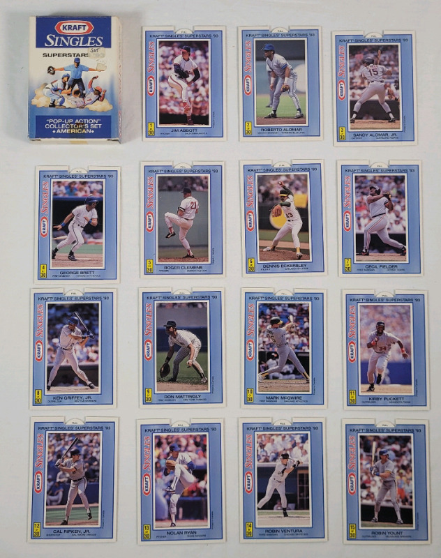 1993 Kraft Singles MLB Baseball American League Superstars "Pop-Up Action" Card Set . 15 Cards , Never Popped Up