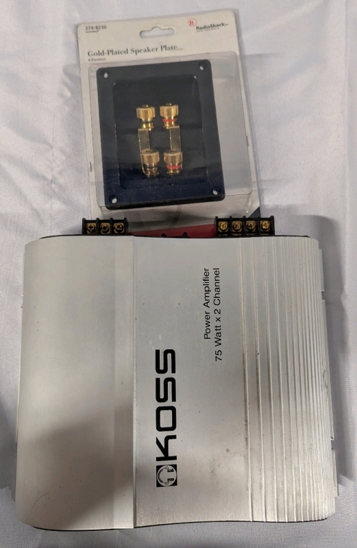 Koss 2 Channel Power Amp with RadioShack 4 Position Gold Plated Speaker Plate. No cables or cords included.