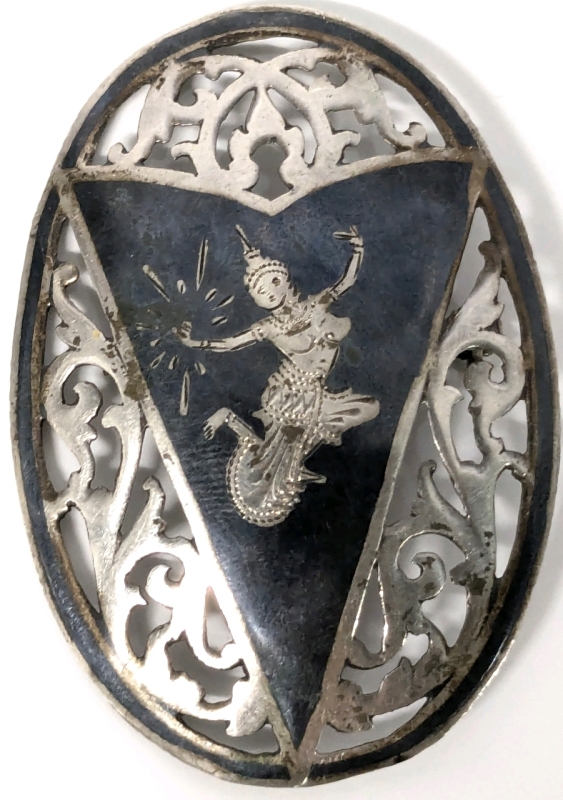 Vintage Signed Siam Sterling Silver Brooch Dancing Mekkala Goddess Lightning Niello Oval Filigree Brooch - 1.5" &times; 2.15"