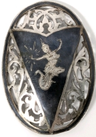 Vintage Signed Siam Sterling Silver Brooch Dancing Mekkala Goddess Lightning Niello Oval Filigree Brooch - 1.5" &times; 2.15"