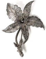 Vintage Sterling Silver Filigree Orchid Brooch - 2.5" Long