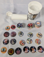 50+ Vintage Pogs, Slammers & Tsar Wars Medallions with Case & Cup. Cup measures 5.5" Tall