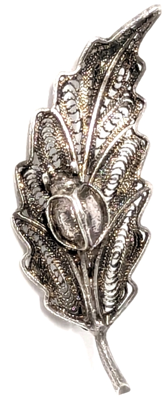 Adorable Vintage Sterling Silver 925 Filigree Leaf Brooch with Ladybug - 1.5" Long