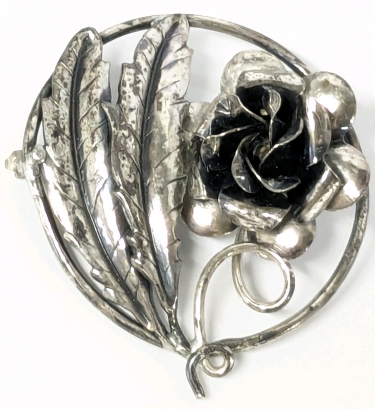 Vintage Signed CORO Sterling Silver Flower & Feathers Round Brooch - 1.5" Diameter