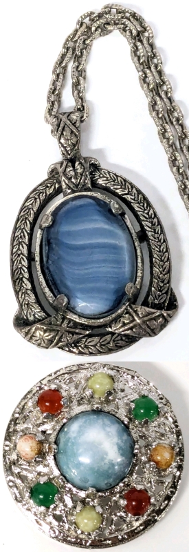 Vintage Signed MIRACLE Pendant (2" Long) with Blue Art Glass Cabochon on 24" Chain & Round Brooch with Multicolored Stones (1.4" Diameter)