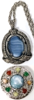 Vintage Signed MIRACLE Pendant (2" Long) with Blue Art Glass Cabochon on 24" Chain & Round Brooch with Multicolored Stones (1.4" Diameter)