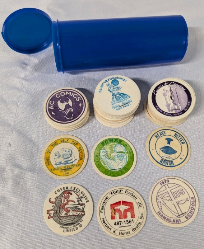 30+ Vintage Pogs with Case. Case Measures 5" Long