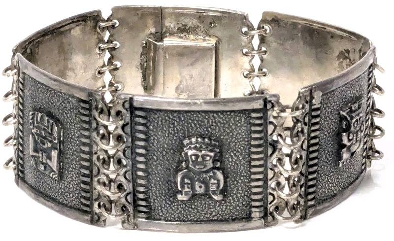 Vintage 900 Silver Seamless Panel Bracelet with Aztec / Mayan Gods : 1.05" Wide &times; 7.5" Long