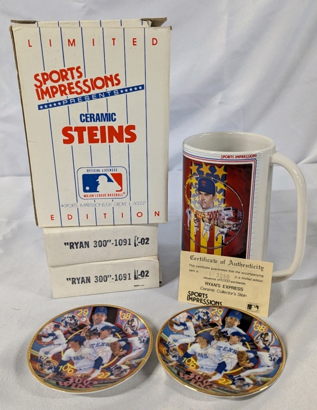 3 Vintage MLB Nolan Ryan's Collector Ceramics. 2 300 Win Collector Plates (4.25" Across) & 1 "Ryan's Express" Ceramic Stein (6" Tall) with COA.