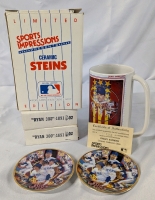 3 Vintage MLB Nolan Ryan's Collector Ceramics. 2 300 Win Collector Plates (4.25" Across) & 1 "Ryan's Express" Ceramic Stein (6" Tall) with COA.