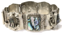 Signed Vintage TAXCO Mexico Sterling Silver 925 Abalone Mask Face Dangle Panel Bracelet - 0.8" &times; 7" Long
