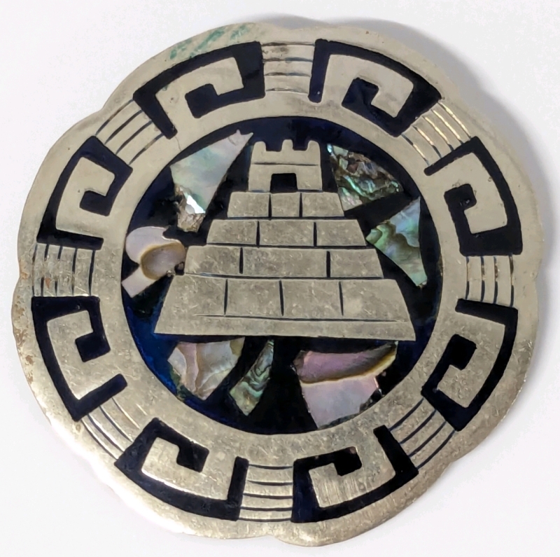 Stunning Large Vintage Abalone & Non-Magnetic Mexico Mayan Pyramid Brooch / Pendant - 2.6" Diameter