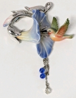 Gorgeous Signed FRANZ Porcelain Hummingbird Pendant with Dangling Droplets - 3.5" Long, No Chips or Cracks