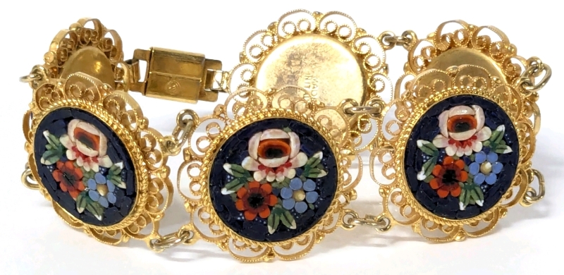 Stunning Vintage Italian Filigree Florentine Floral Micro Mosaic Bracelet with Box Clasp - 1.15" Wide &times; 7" Long
