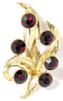 Signed Vintage HOLLYWOOD Floral Deep Red Stones in Dog Tooth Setting Brooch - 2.25" Long