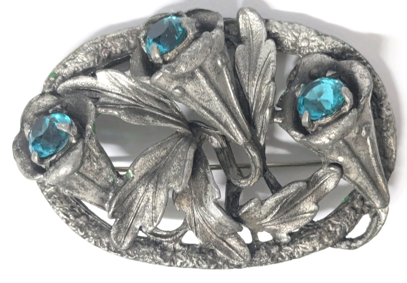 Large Vintage Oval Pewter Trumpet Flowers with Prong-Set Faceted Aquamarine Stones - 2.75" &times; 1.75"