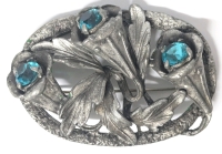 Large Vintage Oval Pewter Trumpet Flowers with Prong-Set Faceted Aquamarine Stones - 2.75" &times; 1.75"