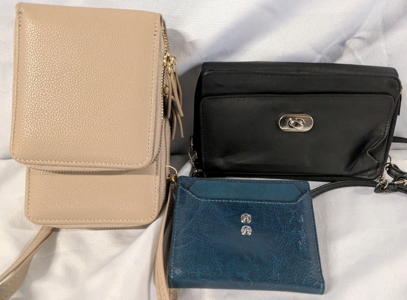 3 As New Leather-Like Handbags/Wallets. Largest Measures 8" Wide. Excellent Condition, Has seen Little to No Use