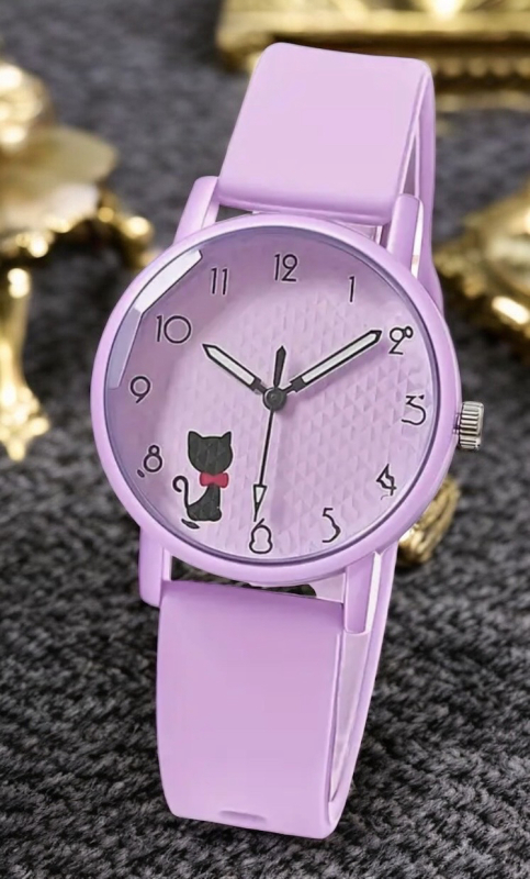 New Versatile Simple Quartz Watch with Silicone Strap Light Purple with Black Cat with Red Bow Hands Glow Pull tab intact so untested