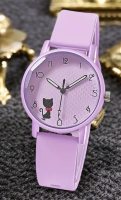 New Versatile Simple Quartz Watch with Silicone Strap Light Purple with Black Cat with Red Bow Hands Glow Pull tab intact so untested