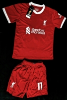 New Size 24 Kids LIVERPOOL #11 M. SALAH Standard Chartered Football / Soccer Home Jersey & Drawstring Shorts Set