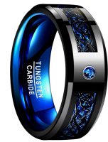 Tungsten Carbide Stamped Unique Dragon Patterned 8MM Wide Inlaid Blue Carbon Fiber Size 12