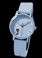 New Versatile Simple Quartz Watch with Silicone Blue Strap with Black Cat with Red Bow Pull tab intact so untested