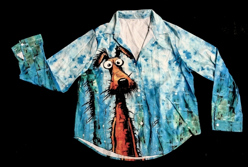 New Size XXL Women's Lightweight Painted Puppy Long Sleeve Graphic Button-Up Shirt