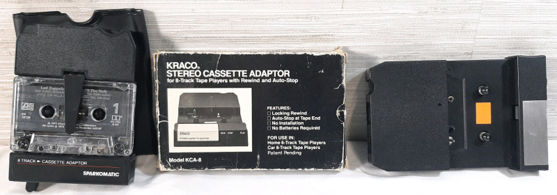 Kraco KCA-8 Stereo Cassette Adaptor for 8-Track Players w/ Original Box & Sparkomatic 8-Track Cassette Adaptor with Carrying Sleeve & Led Zeppelin Houses of The Holy Cassette 1 Included