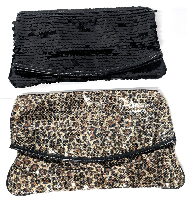 2 Supremely Sequined Folding Bags / Handbags / Clutches With Satin Interiors - 13" &times; 7.75" Each