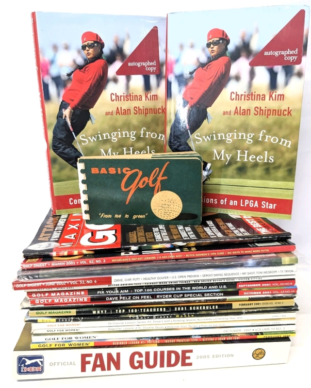 2 Autographed Copies SWINGING FROM MY HEELS (Christina Kim & Alam Shipnuk), 1950s Basic Golf : From Tee to Green, PGA TOUR Golf Fan Guide & X Golf Magazines