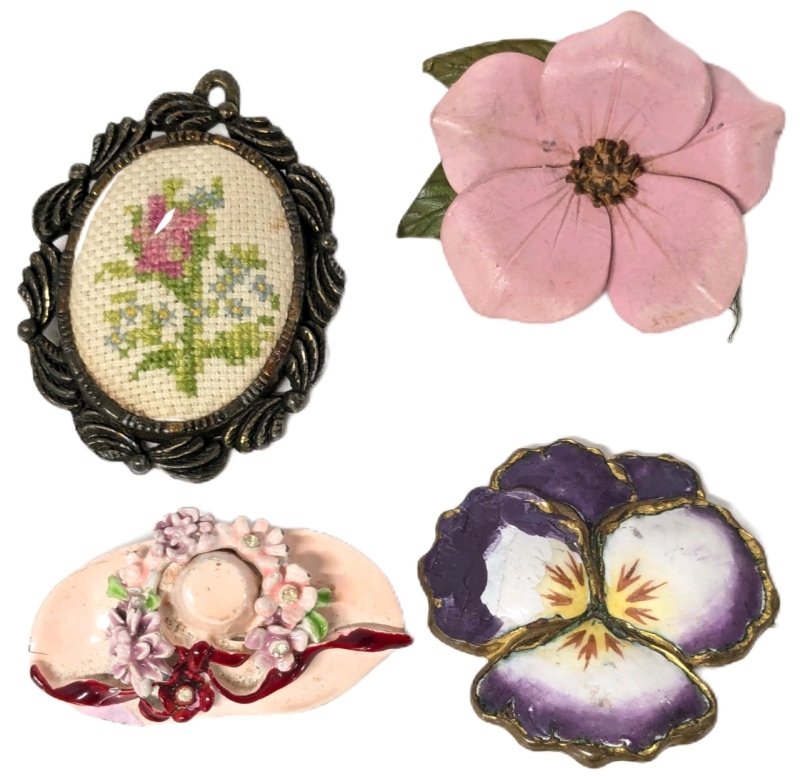 4 Classic Vintage Brooches : Signed The Creative Circle Petit Point Brooch, Signed My Fair Lady Enamel Hat Lin, Leather Flower Pin & Enamel Pansy Pin - Up to 2.25" Long