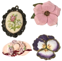 4 Classic Vintage Brooches : Signed The Creative Circle Petit Point Brooch, Signed My Fair Lady Enamel Hat Lin, Leather Flower Pin & Enamel Pansy Pin - Up to 2.25" Long